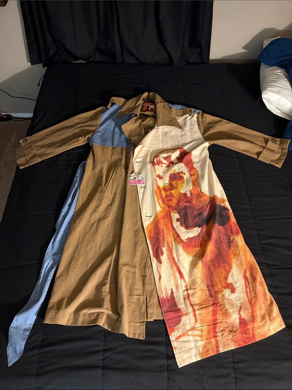 KidSuper Art-Print Brown & Cream Trench Coat with Blue shoulder pad NWT
